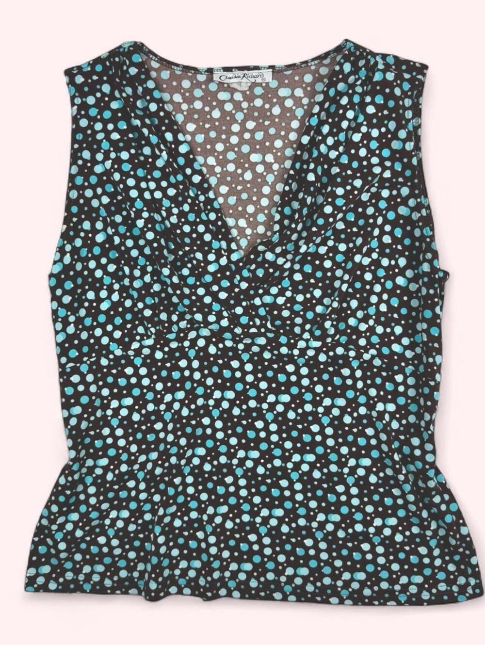 Vintage brown & blue polka dot blouse with V-neck